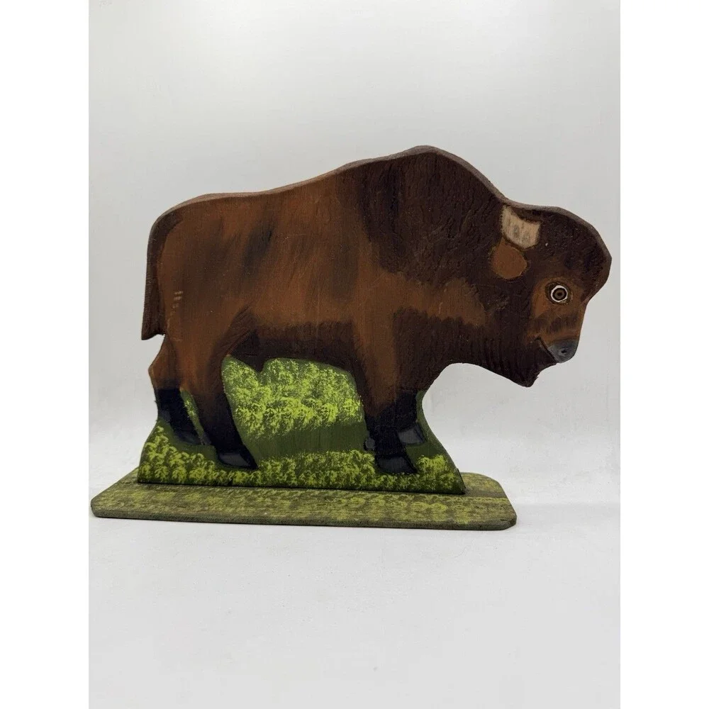 VTG 1988 Menno Shirk Folk Art Wood Carved Wild Buffalo 9” Signed Base Carving